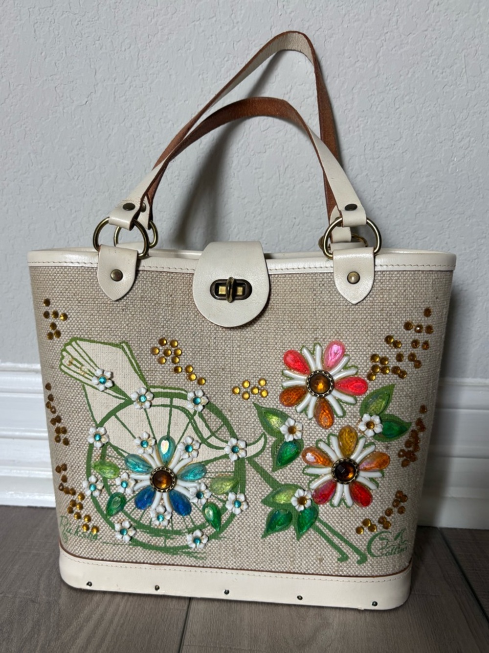 Enid Collins Embellished Floral Canvas Tote Bag – Cream & Multicolor